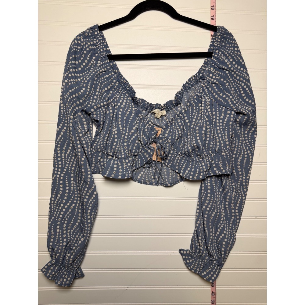 Endless Rose Blue Floral Tie Front Crop Top Long Sleeve Cottagecore NWT Sz S